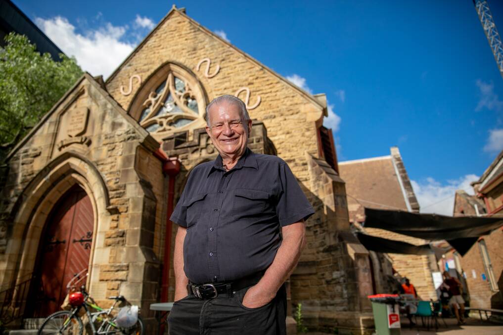 The Rev Bill Crews outside the Ashfield Uniting Church, where his foundation is based. Picture: Geoff Jones