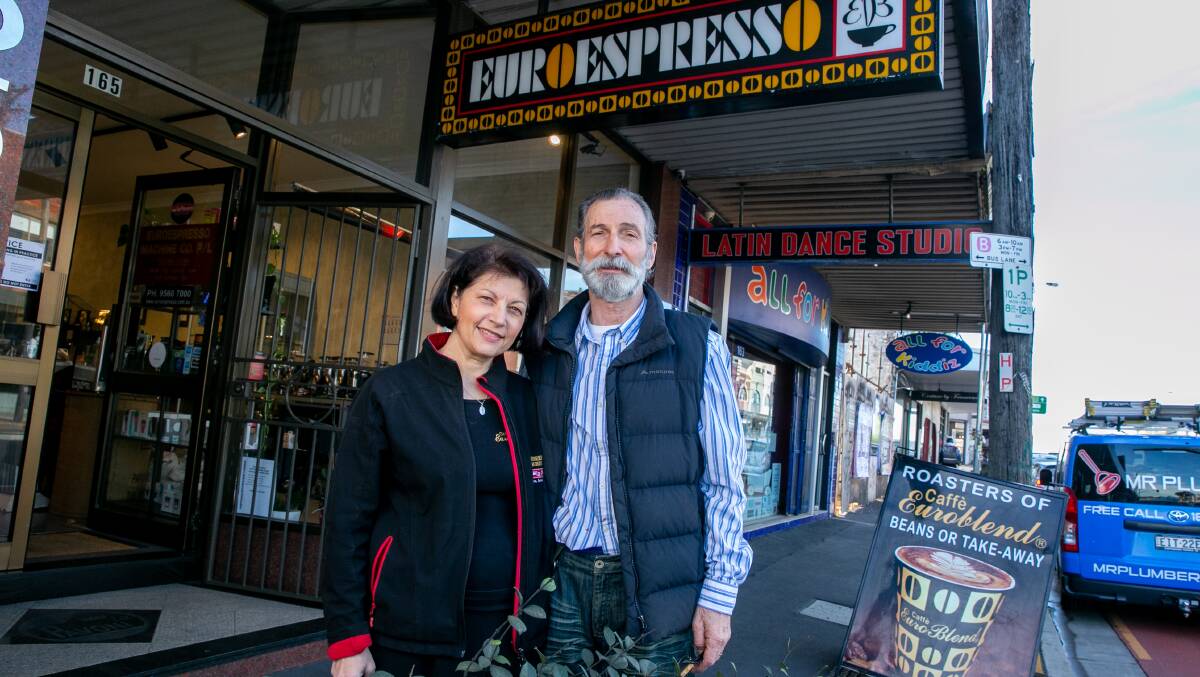 Vera and Marcello Nadile outside their Parramatta Road business, Eureespresso. Picture: Geoff Jones