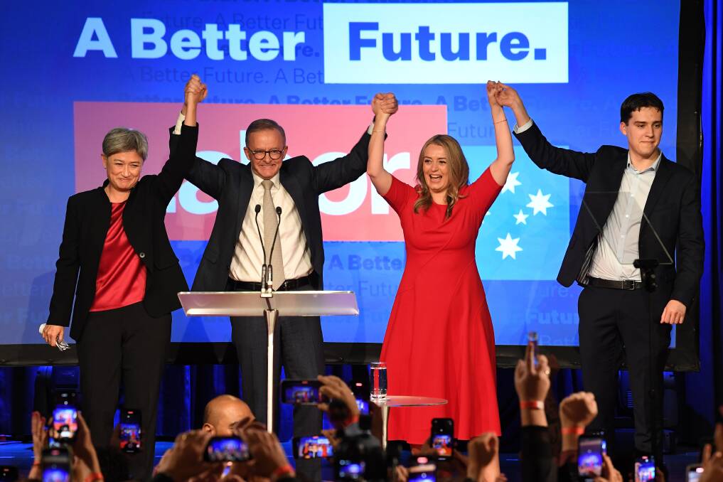 VICTORY: Anthony Albanese with (from left) Penny Wong, Jodie Haydon and his son Nathan. Picture: Getty Images