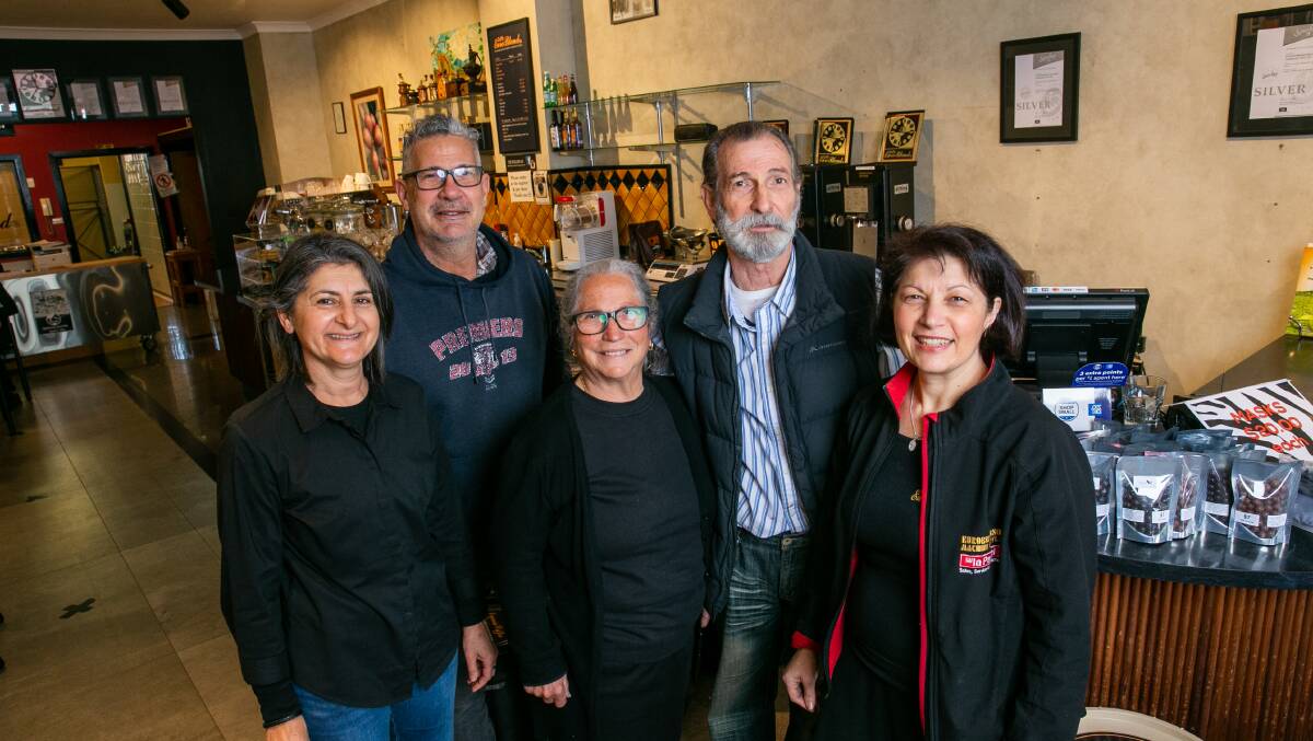 Inside Euroespresso (from left) Rose Cara, Frank Nadile, Rosina Dore, Marcello and Vera Nadile. Picture: Geoff Jones