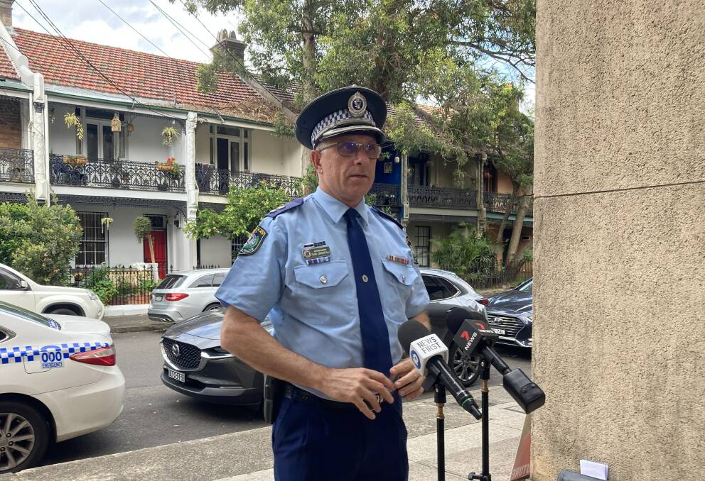 UNDER INVESTIGATION: Inner West Police Area Commander Sam Crisafulli addresses the media about the attack outside Newtown Police Station. Picture: Allison Hore