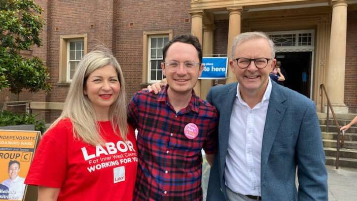 Zoi Tsardoulias with running mate Mat Howard and federal Opposition Leader Anthony Albanese. Picture: Facebook/Mat Howard