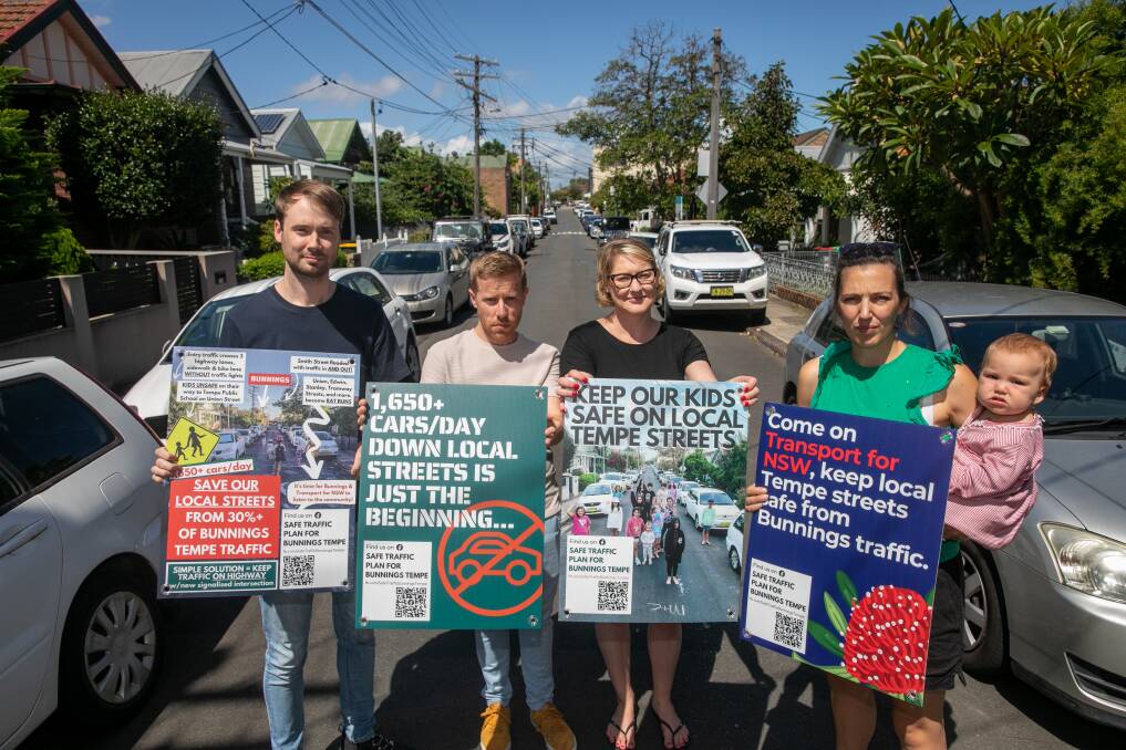 COMMUNITY CONCERN: Tempe residents Jack Breen (L), Liz Walker with daughter Madeline, Carly Green and Ben Stewart are concerned about the possibilty of the huge traffic increase on this narrow street from Bunnings traffic. Picture: Geoff Jones