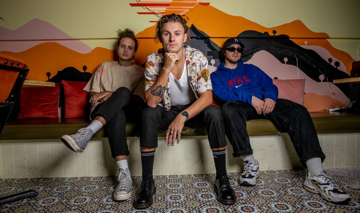 RISING STARS: Max Jacobs, Ellis Hoare and Nico Scali from northern beaches band Loretta will release their debut EP this year. Picture: Geoff Jones
